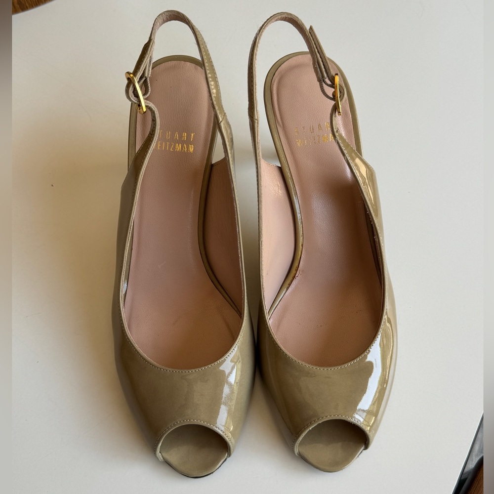Used * Stuart Weitzman * Taupe Patent Leather Peep Toe Heeled Sandal * 7.5M